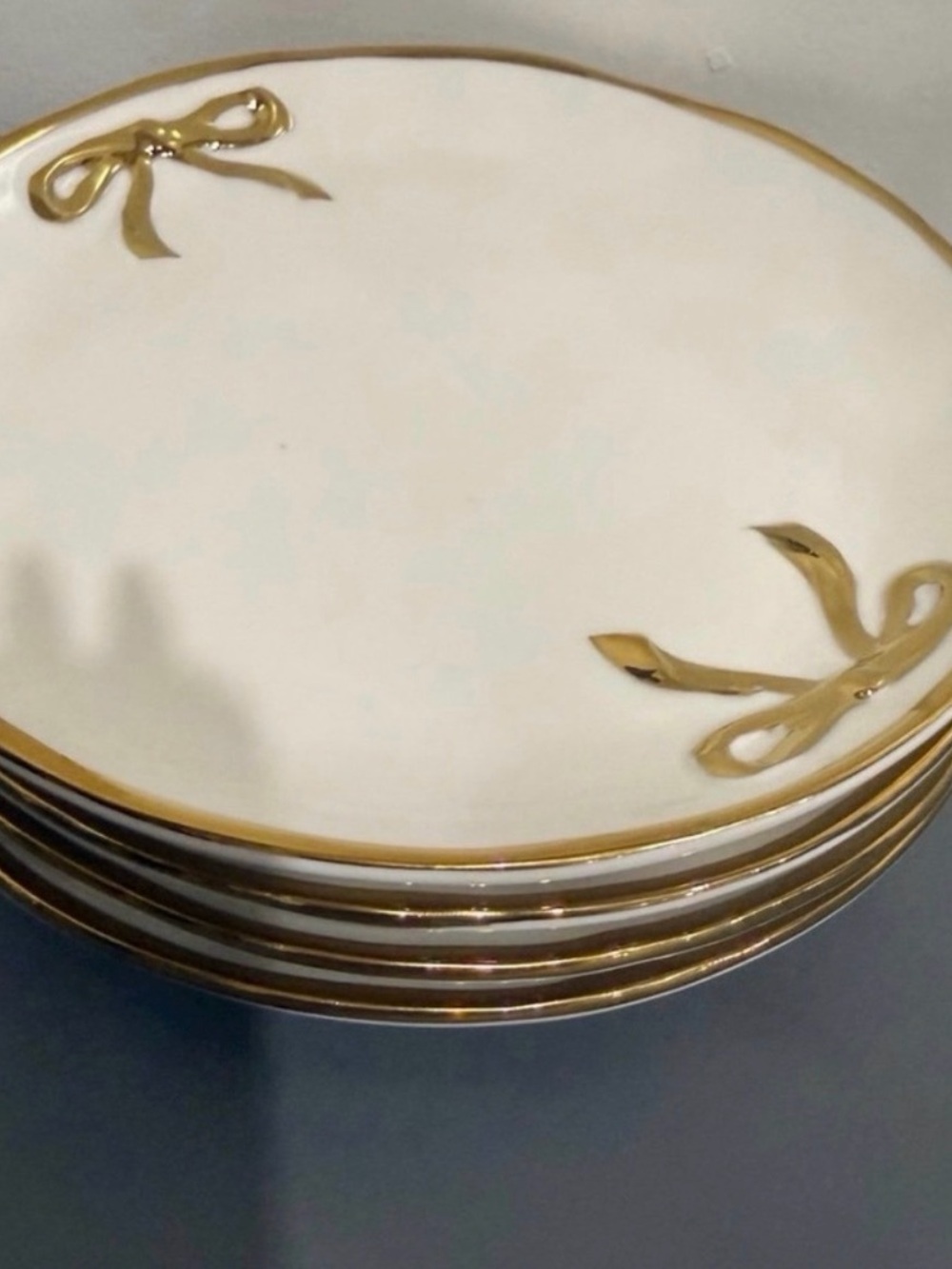 4 Elegant White Porcelain Dessert Plate with Gold Bow Accent